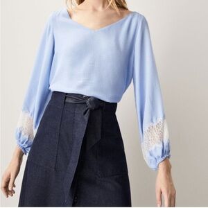 Massimo Dutti Blue Gingham Blouse Lace Sleeve Top Size 6 Elegant